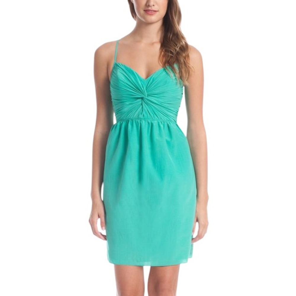 NWT Shoshanna Carine Silk Aqua Blue Green Twisted Pleated Mini Dress - 2